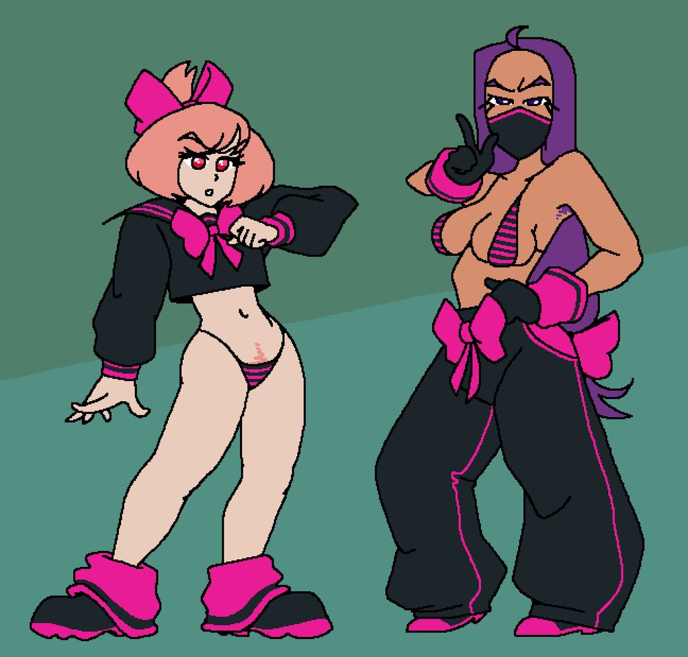 Two tough-looking girls wearing scant outfits in black and hot pink. On the left is Boo-Boo Cake, who wears a baggy sailor uniform top, big shoes, and a tiny bikini bottom; on the right is Barbie Pie, who wears wide-legged pants, gloves, and a tiny bikini top.