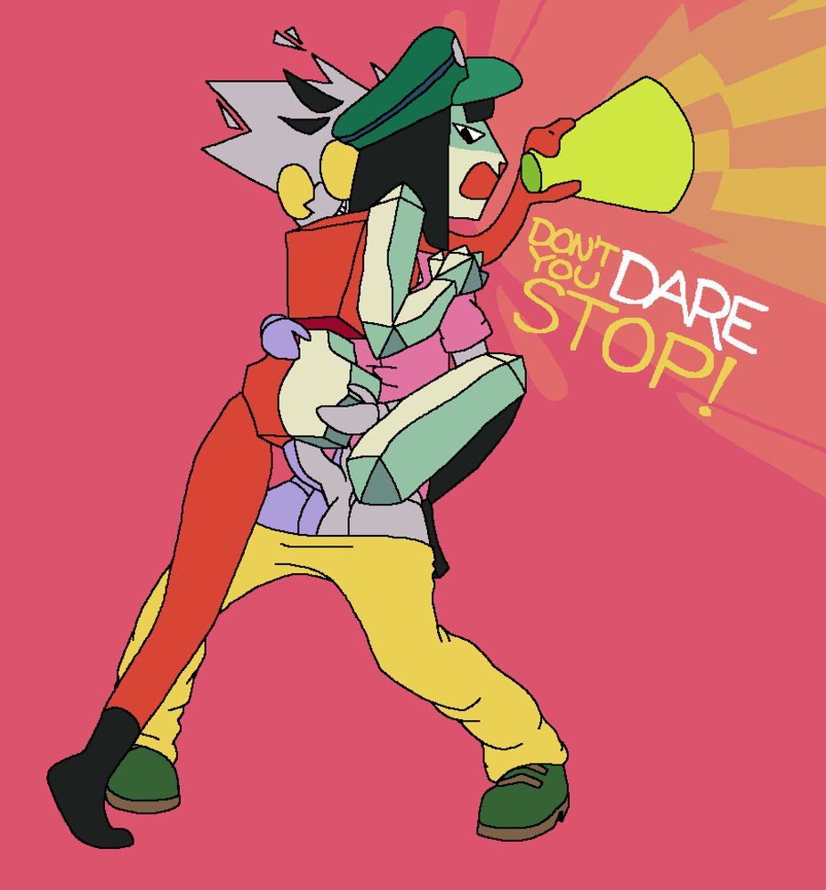 Crash's ena-verse sona penetrating DBBQ Ena standing upright. Ena, in meanie form, is shouting into her megaphone "DON'T YOU DARE STOP!"
