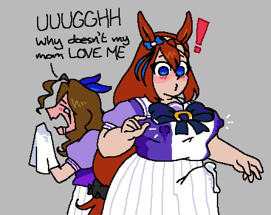King Halo from Umamusume Pretty Derby sobs into a handkerchief, screaming "UUUGGHH! Why doesn't my mom LOVE ME?" Super Creek overhears and pops a boner and begins lactating.