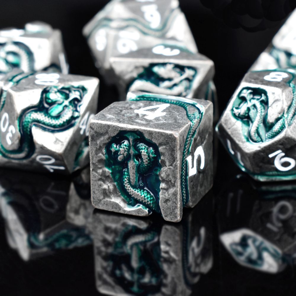Serpent’s Dagger Dice Set is now available in six stunning colors: Voidstone, Orichalcum, Dark Silver, Silver Black, Silver White, and Rose Golden—ready to roll!