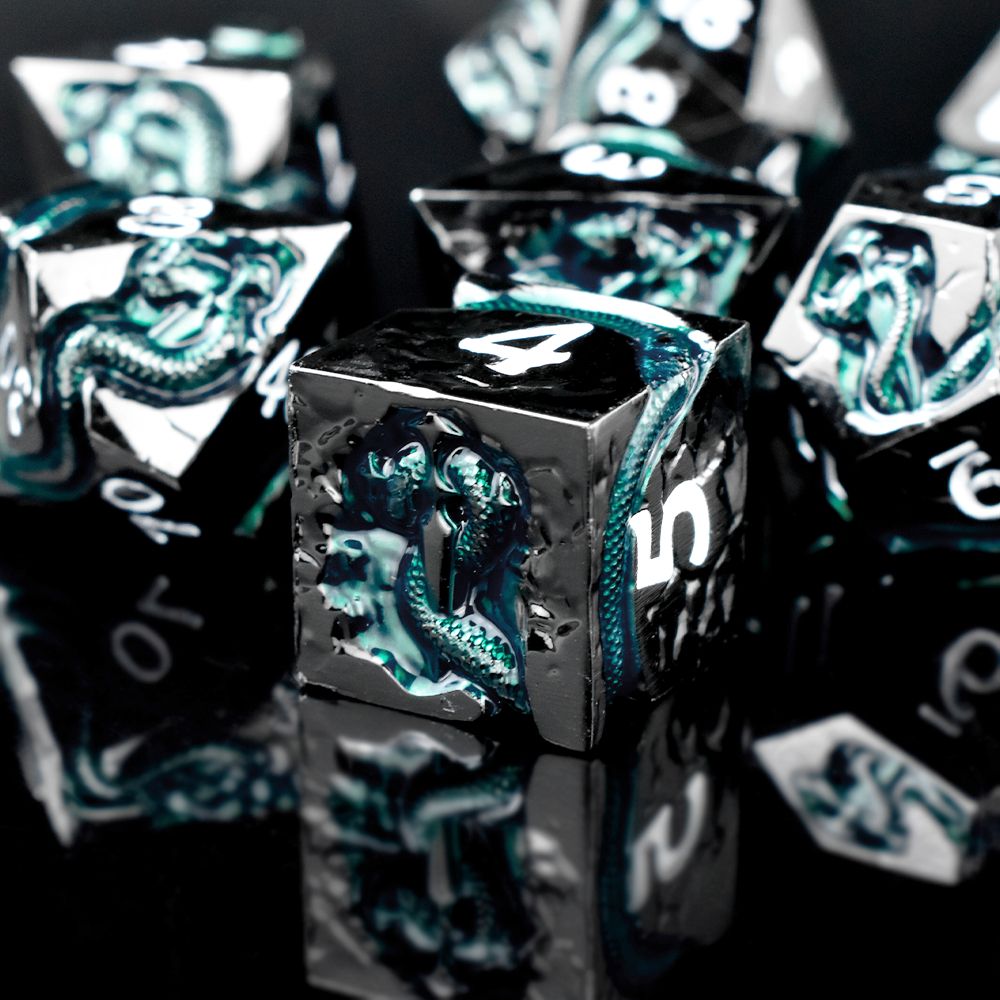 Serpent’s Dagger Dice Set is now available in six stunning colors: Voidstone, Orichalcum, Dark Silver, Silver Black, Silver White, and Rose Golden—ready to roll!
