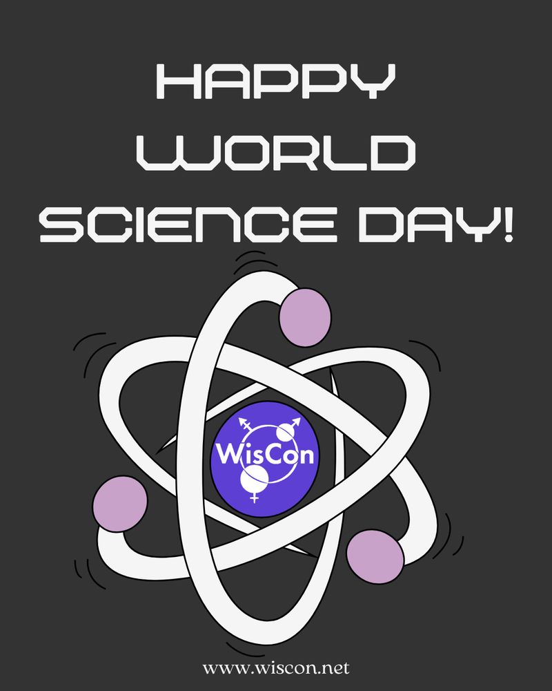 On a dark background, a stylized drawing in white and purple of three electrons orbiting the WisCon logo. Text: Happy World Science Day! www.wiscon.net