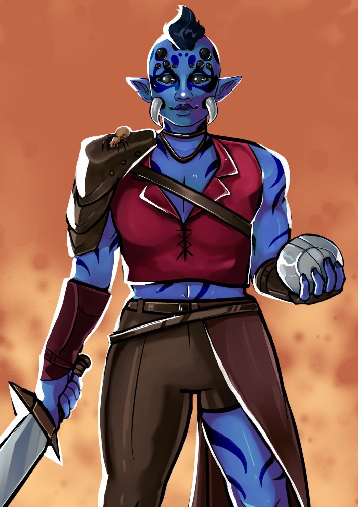 A blue-skinned woman with dark blue stripes on her body. She has solid black eyes with several spider-like eyes on her forehead, as well as dark blue patches on her face. She has two spider-like fangs emerging from her cheeks. Her hair is styled in a dark Mohawk style. She is wearing a red sleeveless shirt, brown trousers with the left leg cut off, a brown half-skirt hanging over her left side, and a brown leather Paulson on her right arm. She also has brown gauntlets. She is holding a sword in one hand and a decorative orb in the other. A small brown spider is sitting on one of her shoulders. 
