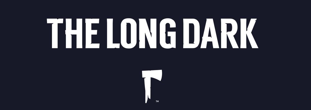 The logo for The Long Dark. Written in a bold white font. Underneath is a white silhouette of a hatchet with a broken handle.