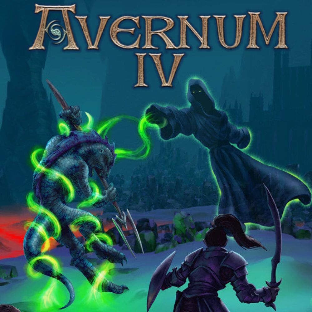 A title logo for Avernum IV. In the foreground, an elf with a dark ponytail is wearing plate armor and holding a curved sword and a metal shield. In the background, there is a spectral figure in a black robe with green eyes and green light surrounding it. It’s extending an arm from which green bands of energy are lashing around a grey-green reptilian humanoid with a blue crest who is holding a two-pronged spear. 
The very background of the image in a cavern with a city and castle built into it. A small patch of red lava is off to the left in the background. 