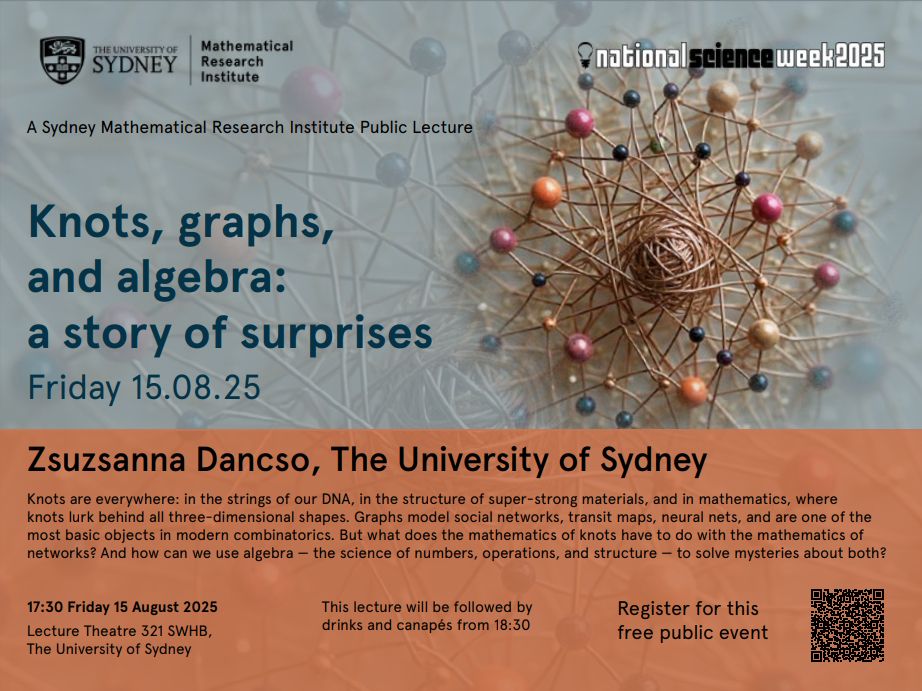 A poster for the public lecture: The featured image is a network made of copper wire which connects coloured spheres