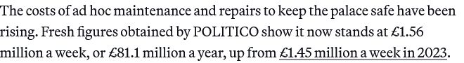 The costs of ad hoc maintenance and repairs to keep the palace safe have been rising. Fresh figures obtained by POLITICO show it now stands at £1.56 million a week, or £81.1 million a year, up from £1.45 million a week in 2023.