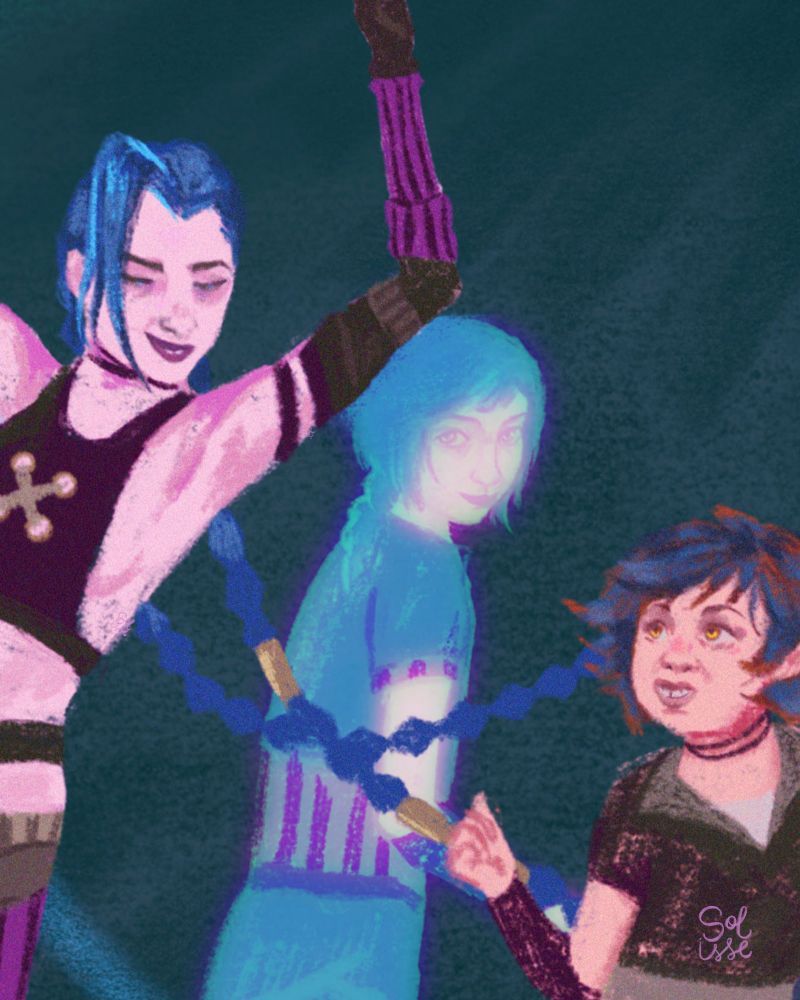 details of Arcane fan art with Jinx and Isha dancing. A ghostly image of Powder smiles behind them.