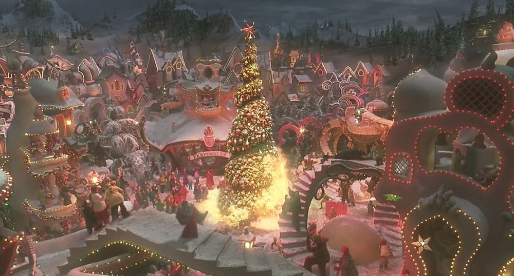 A screenshot of Whoville from the live-action 2000 film starring Jim Carrey