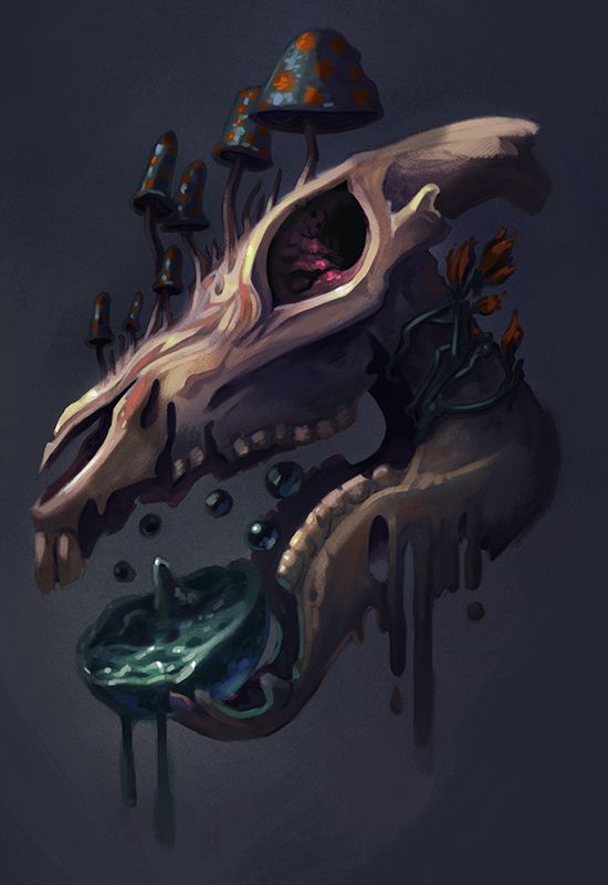melting skull with mushrooms
