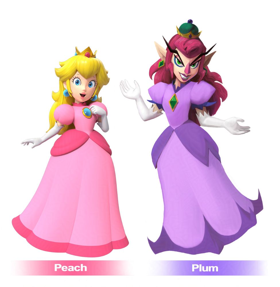 Peach and a fan character who looks like Peach, with a purple color scheme, emeralds, and red hair, named Plum. Big eyebrows because I'm not a coward. 