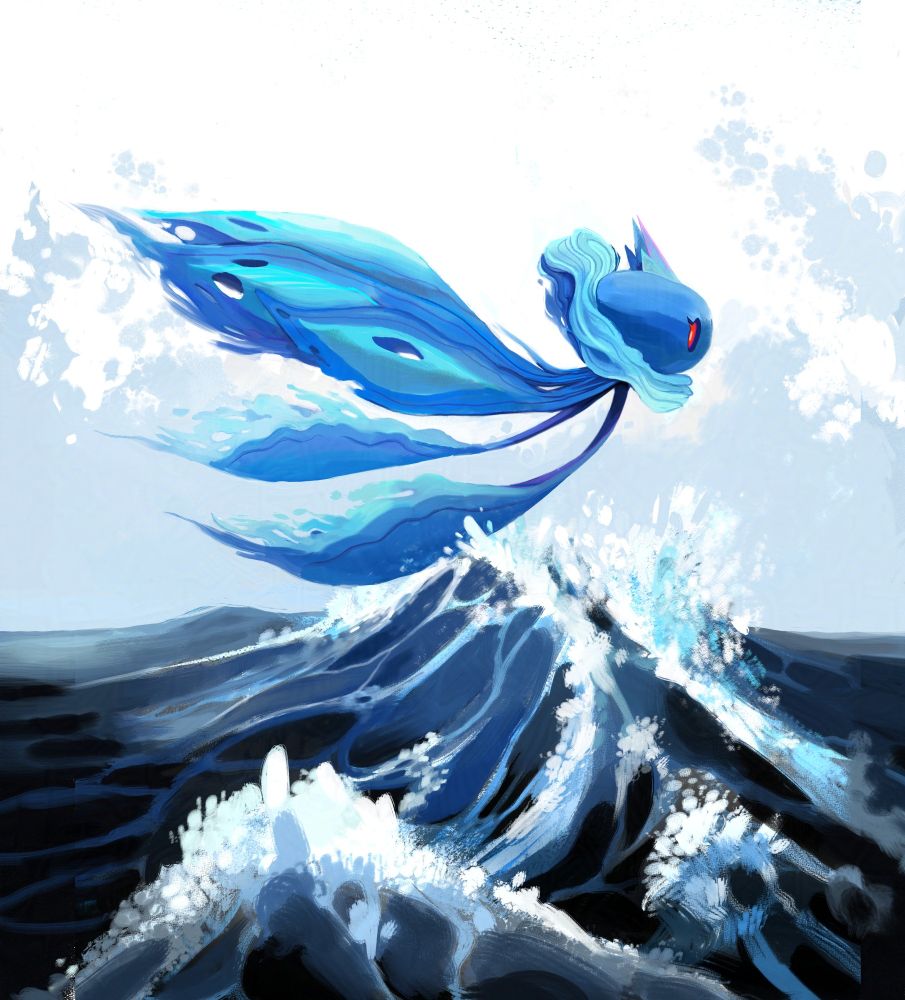 Frillish (pokemon) over ocean waves on an overcast day.