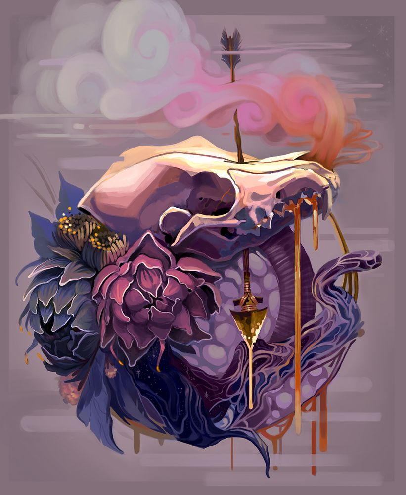 Skull with flowers and smoke, dripping lava