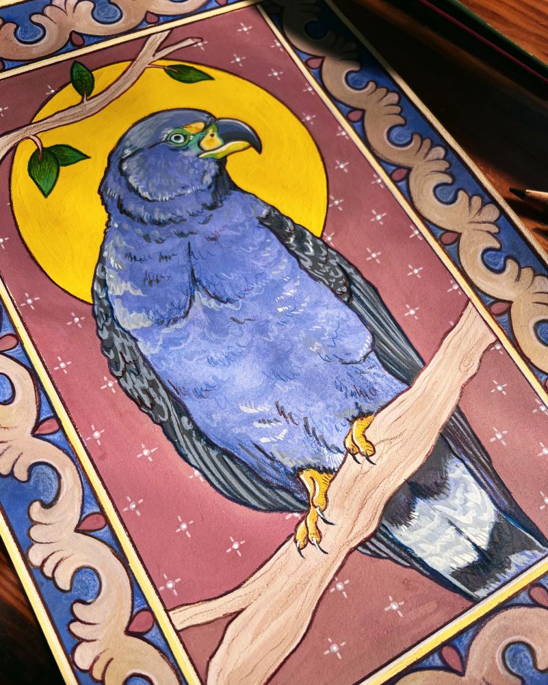 A rectangular gouache and colored piece by Julie K. Art that features a hook-billed kite sitting on a branch against a background of medieval manuscript inspired patterns. 

“Fly by Thy Wisdom”, Acryla gouache, colored pencil & ink on archival paper, 8” x 12”, 2025.
