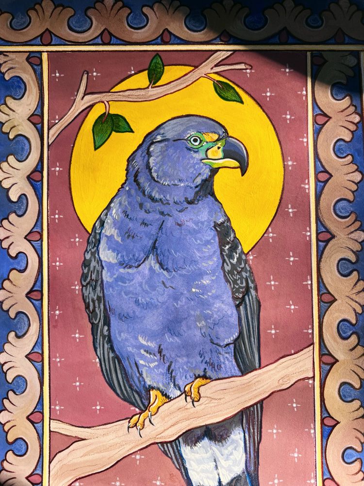 A rectangular gouache and colored piece by Julie K. Art that features a hook-billed kite sitting on a branch against a background of medieval manuscript inspired patterns. 

“Fly by Thy Wisdom”, Acryla gouache, colored pencil & ink on archival paper, 8” x 12”, 2025.
