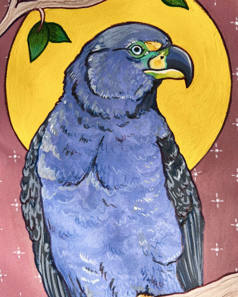 A rectangular gouache and colored piece by Julie K. Art that features a hook-billed kite sitting on a branch against a background of medieval manuscript inspired patterns. 

“Fly by Thy Wisdom”, Acryla gouache, colored pencil & ink on archival paper, 8” x 12”, 2025.
