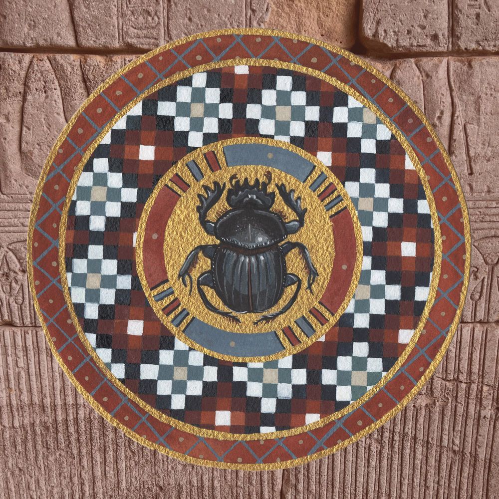 Circular watercolor illustration inspired by patterns on ancient Egyptian coffins. In the center is a black scarab beetle. 