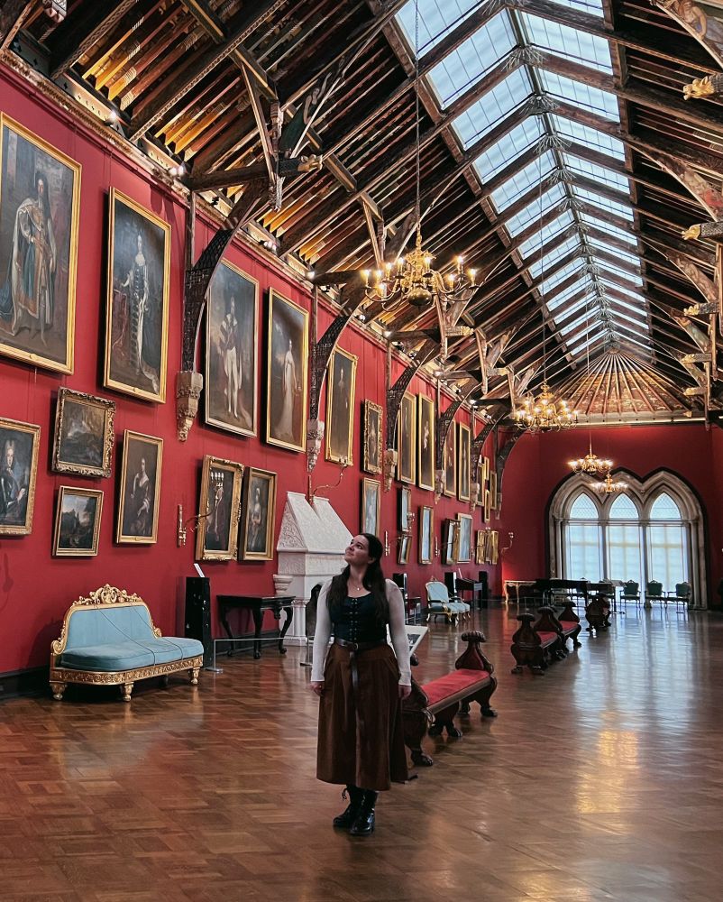 Julie looking at the stunningly painted ceiling of the Great Hall at Kilkenny Castle