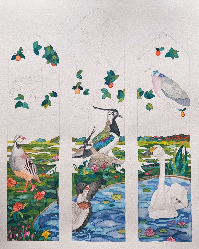 Closeup of a work-in-progress watercolor piece inspired by stained glass and featuring Irish birds 