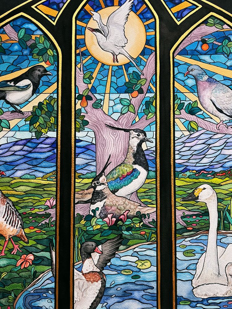 Picture of Julie’s large watercolor piece “St. Patrick’s Green” inspired by stained glass and featuring seven bird species found in Ireland. 

The painting is a landscape featuring a duck and swan in a pond, a pheasant and pair of lapwings in the field, a magpie and woodpigeon in a tree, and arctic tern flying in the sky. In the background are mountains and a bright sun. 