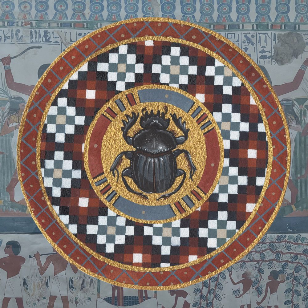 Circular watercolor illustration inspired by patterns on ancient Egyptian coffins. In the center is a black scarab beetle. 