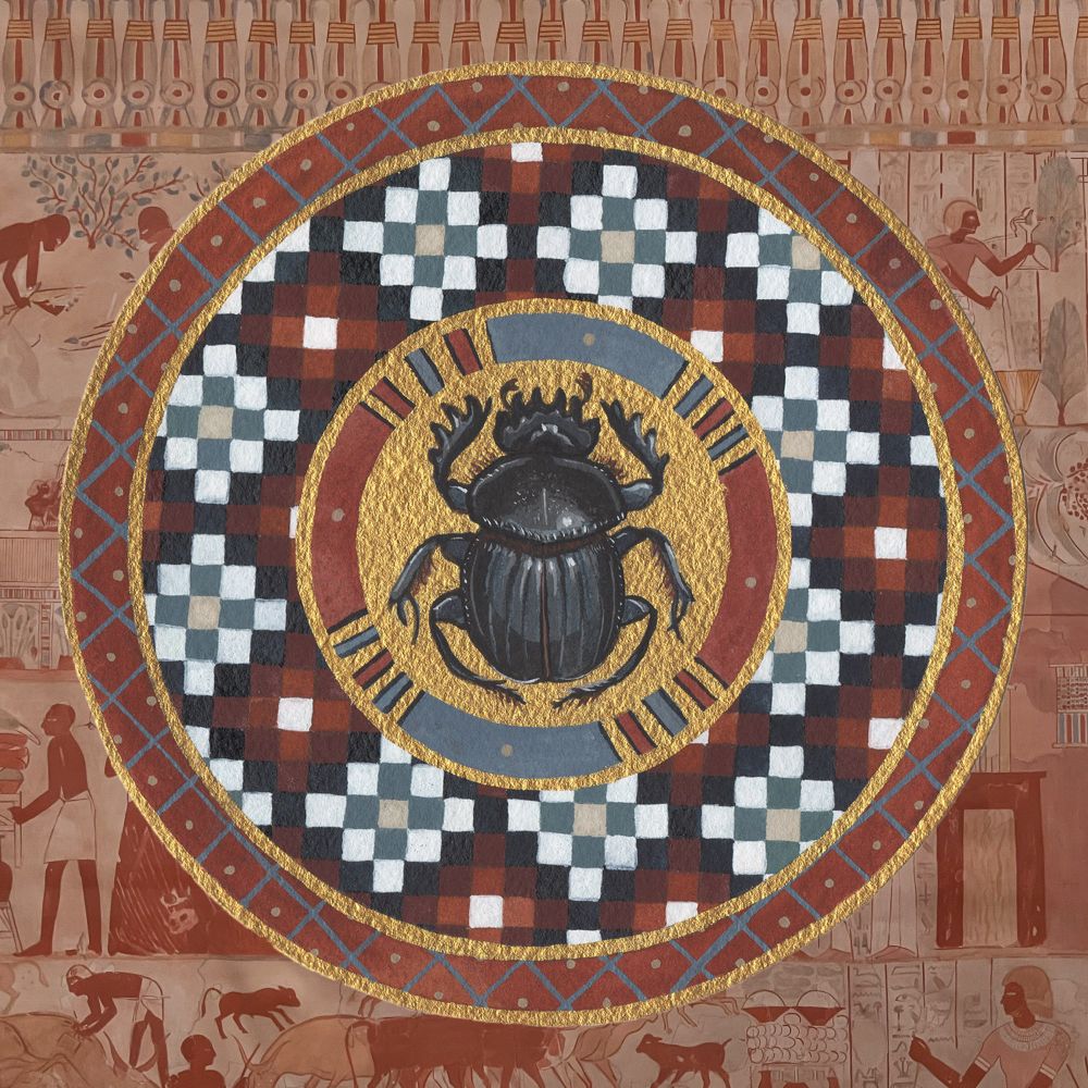 Circular watercolor illustration inspired by patterns on ancient Egyptian coffins. In the center is a black scarab beetle. 