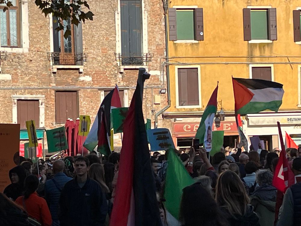 A sea of people holding Palestinian flags and banners against a backdrop of sunny Venetian buildings 