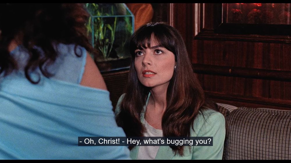 A scene from Dario Argento's TENEBRAE dialogue as follows:
Oh Christ!
Hey, what's bugging you?