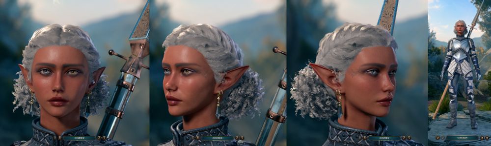 a series of headshots and one fullbody shot of my Selune cleric character, Limstella. She's a half-wood elf and has a blue/silver/gold color scheme and heterochromia