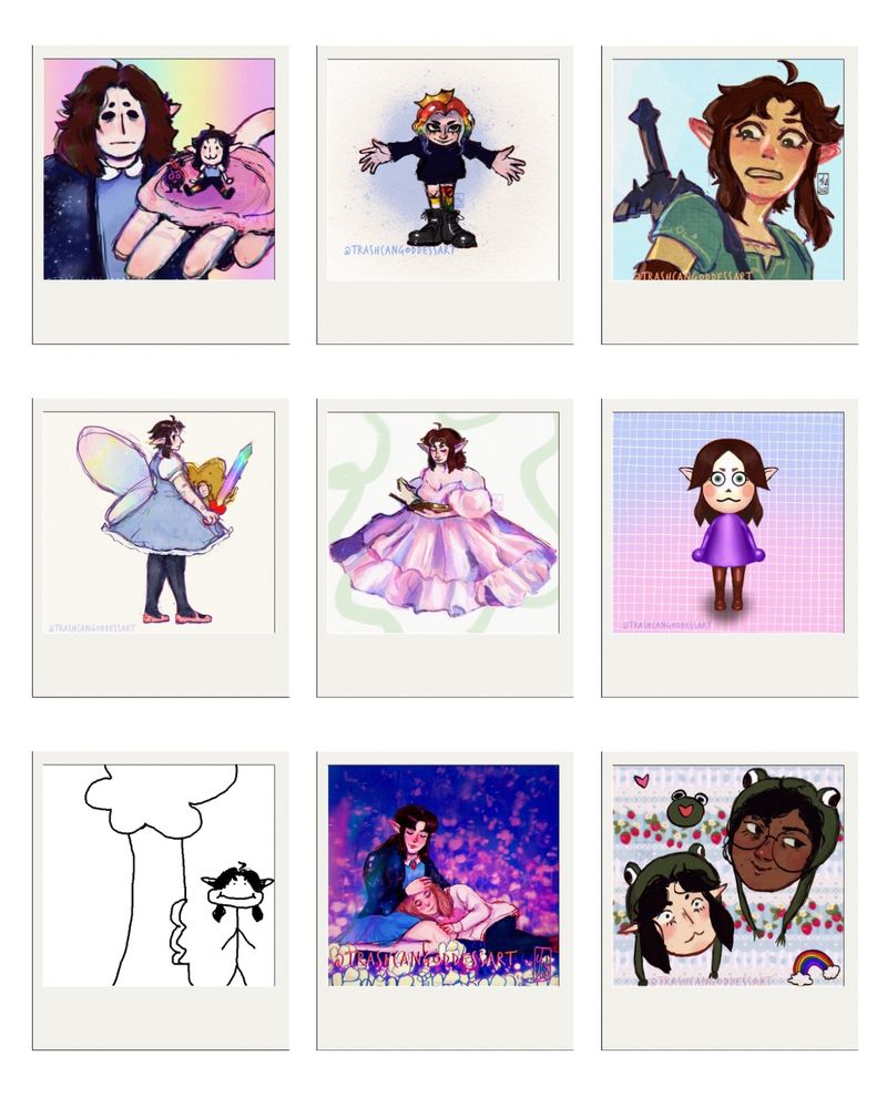 9 drawings of iris. they are all in polaroid frames. 

top left: a very tired iris (creator) holding a tiny 90’s chibi iris and a tiny trash minion on a blanket on (creator) iris’ hand as they hold their hand up to the camera. 
top center: an octoling iris  bowing to a viewer in the distance with a maniacal smile. 
top right: an iris dressed in link’s breath of the wild garb looking towards the bottom left of the image very nervously.
center left: a concept for magical boy iris including their star shield and a rainbow sword.
center middle: an iris in a pink poofy dress kneeling and reading a book peacefully.
center right: a concept for an iris mii.
bottom left: a very crude doodle of a tree with a bite taken out of it. iris is next to the bite with a suspiciously full mouth.
bottom center: a drawing of iris sitting on their knees in a field of flowers. cody is resting his head on iris’ thigh and dreaming peacefully.
bottom right: a doodle of iris and izzy both wearing froggy hats and smiling. there’s also a doodle of a frog and a rainbow, and the background is a strawberry pattern with pastel blues and white colors as well.