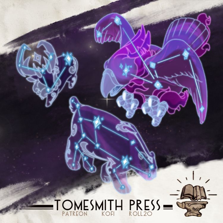 Elk, bear, and raven constellation tokens set against a starry sky.

The bottom reads "Tomesmith Press" with references to their patreon, kofi, and roll20 accounts.