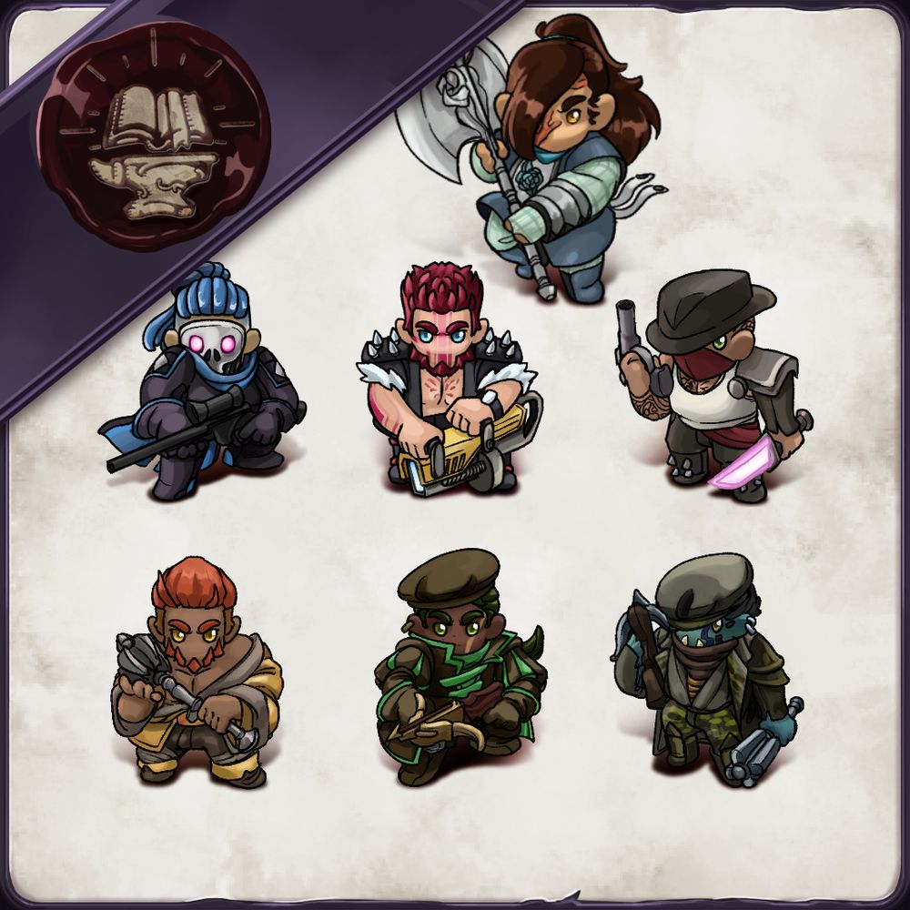 A set of ttrpg minis/tokens featuring rogue/thug humanoids, as well as a female mercenary with an axe (Zenn) who is the boss of this month!