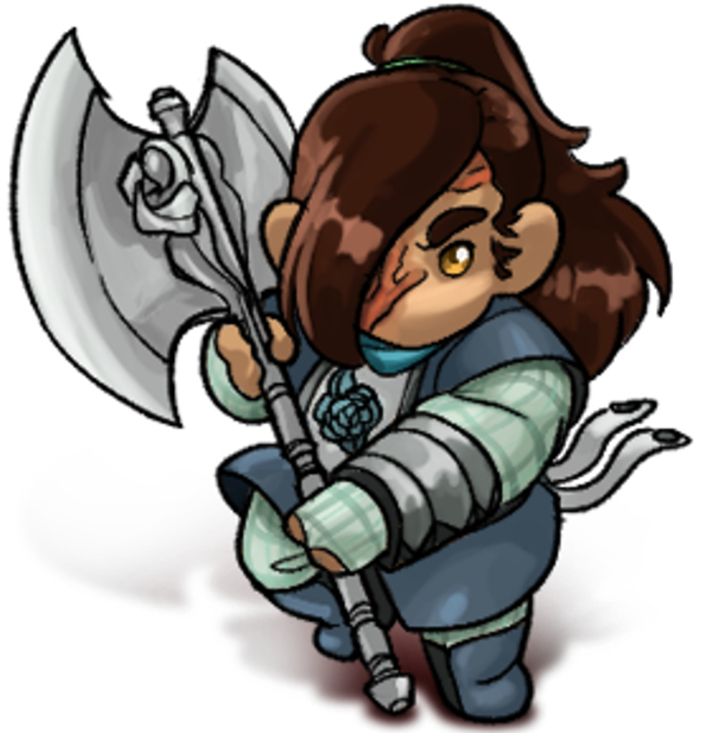 November's boss monster: Zenn, the Axe of Retribution! A short, strong woman wielding a battle axe with rose motifs. She is a mercenary boss.