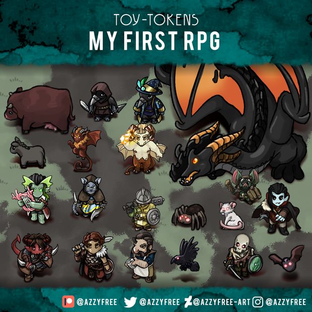 Title reads: Toy-Tokens, My First RPG
It is a collection of humanoids, a tiefling, triton, birdfolk, a vampire, dragon, cow, donkey, spider, crow, bat, skeleton, rat/mouse, imp, skeleton, and a demon. This pack is FREE on the Tomesmith Press patreon.

Bottom references their patreon (formerly @azzyfree), the @azzyfree twitter, @azzyfree-art on deviantart, and @azzyfree on instagram.