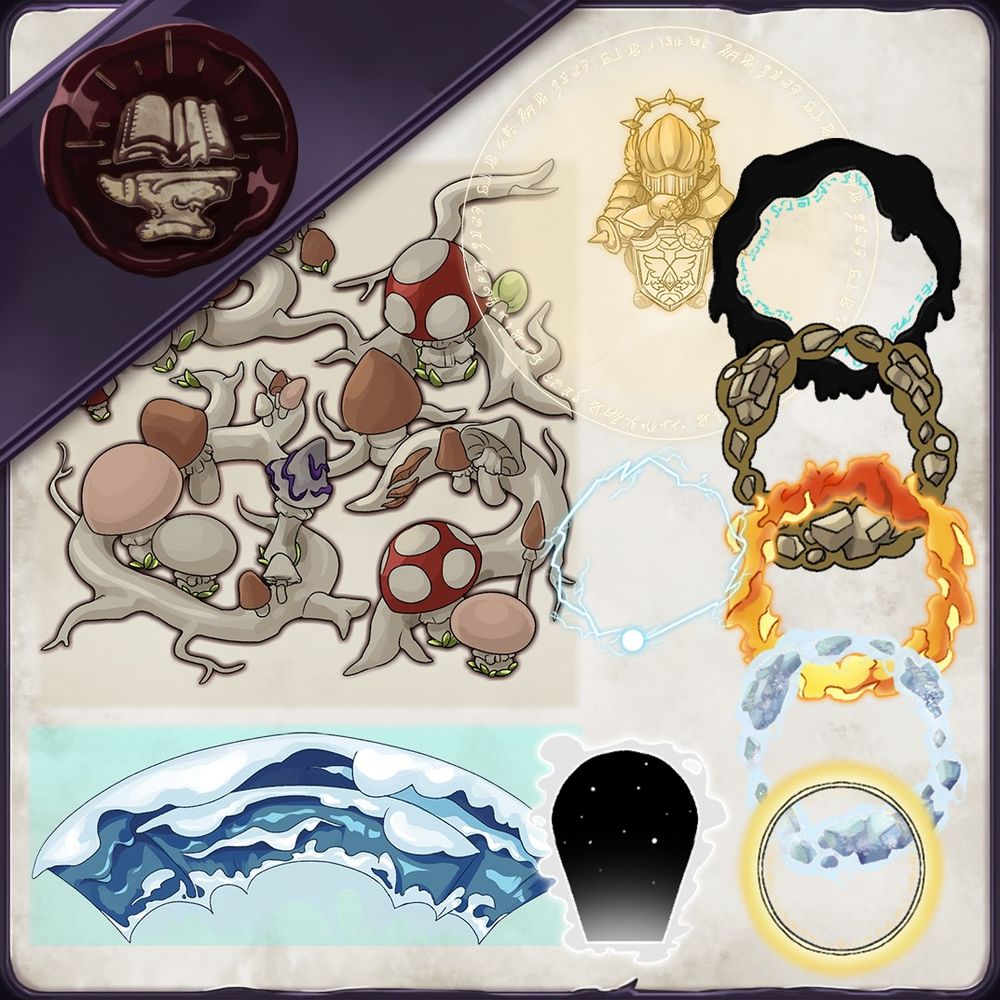 
Digital art tokens for ttrpg games. There are elemental rings (light, dark, fire, water, earth, electricity), a door leading to another dimension, a glowing armored figure, a tangle of overgrown roots and fungi, and a tidal wave.