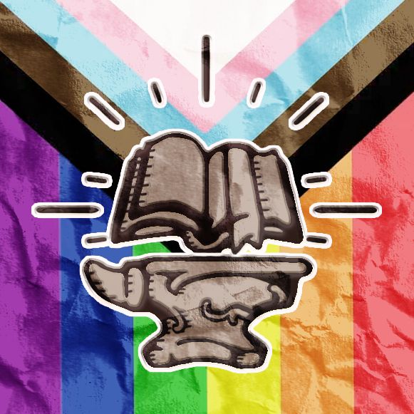 The logo for Tomesmith Press (an anvil with a book floating over it) with the progress Pride flag in the background.