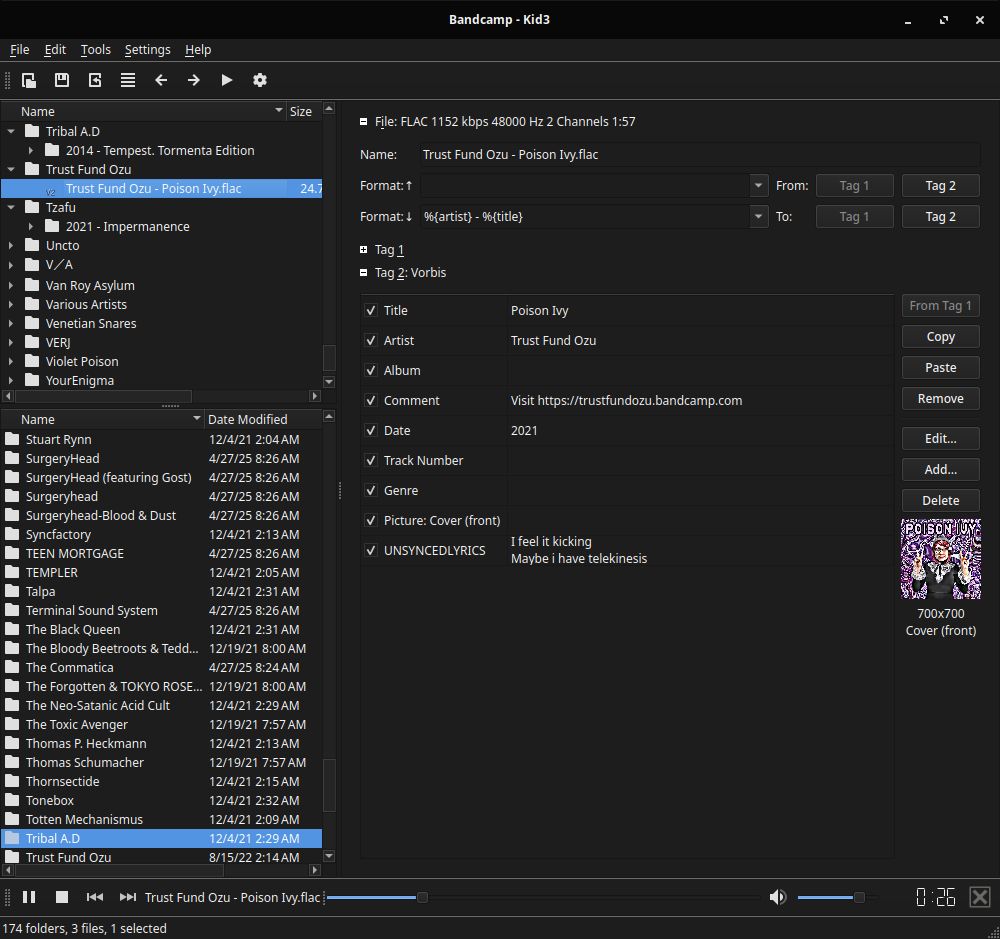 screenshot of Kid3 editing and playing a Trust Fund Ozu FLAC from Bandcamp