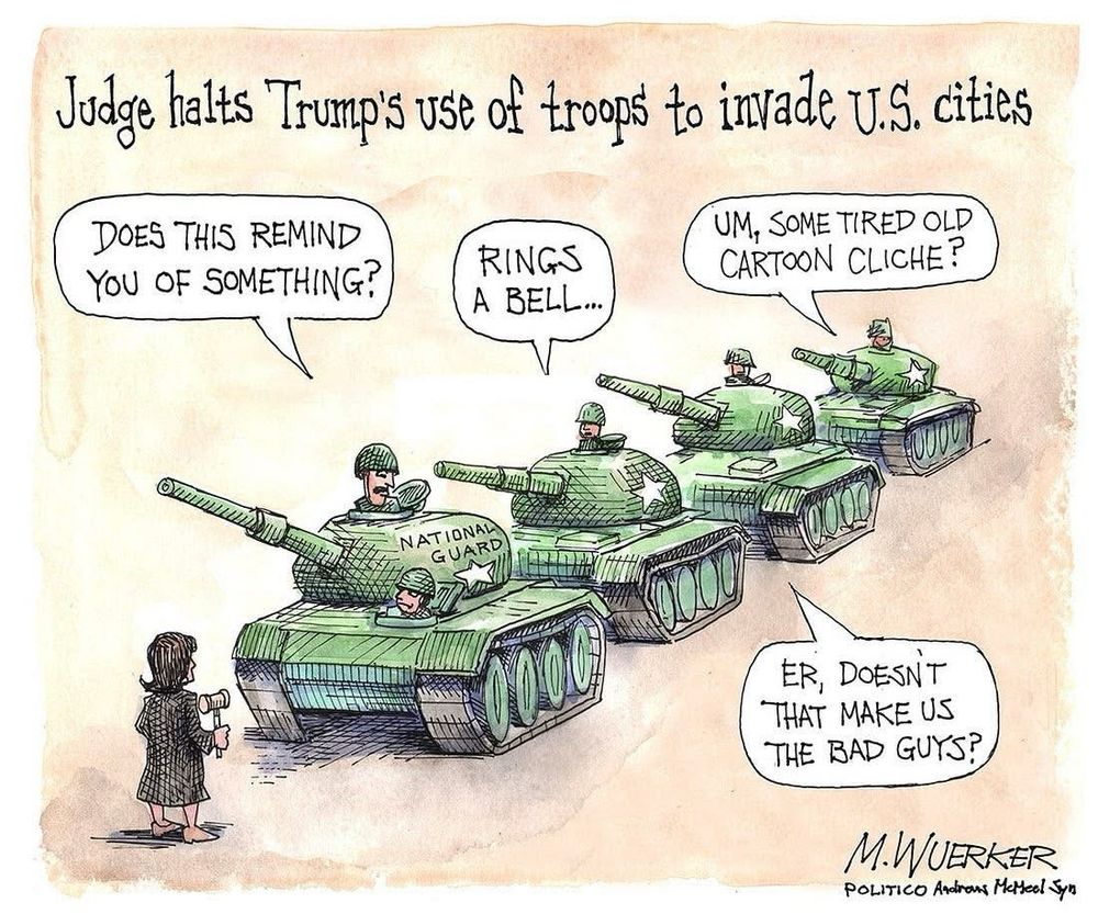 Cartoon with tanks being stopped by a judge