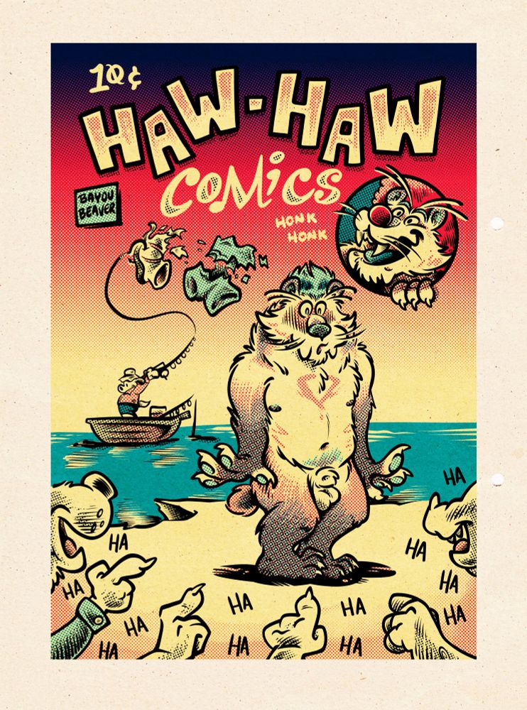 red, yellow, and blue half-toned vintage style comic book cover titled HAW-HAW COMICS featuring Prism, a non-binary multicolor sabertooth cat, startled & humiliated as an oblivious fisher's line ripped their shorts and undies clean off, leaving them stark naked with sheath & balls out, and with a ton of offscreen furs pointing and laughing hysterically at them

a small circular inset has a headshot of Prism with a clown nose & wig, cackling 