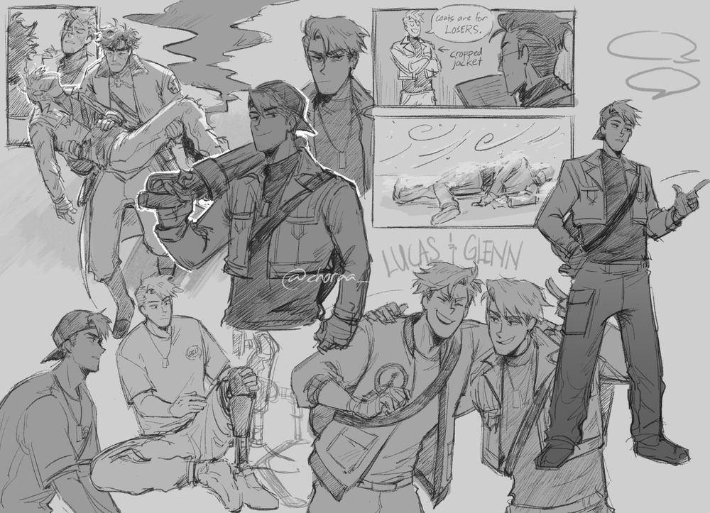 A black and white sketchpage focusing on Glenn ( + Wilhelm, Lucas and Josef in the background) in different poses and interactions while in a Team Fortress 2 alternate universe