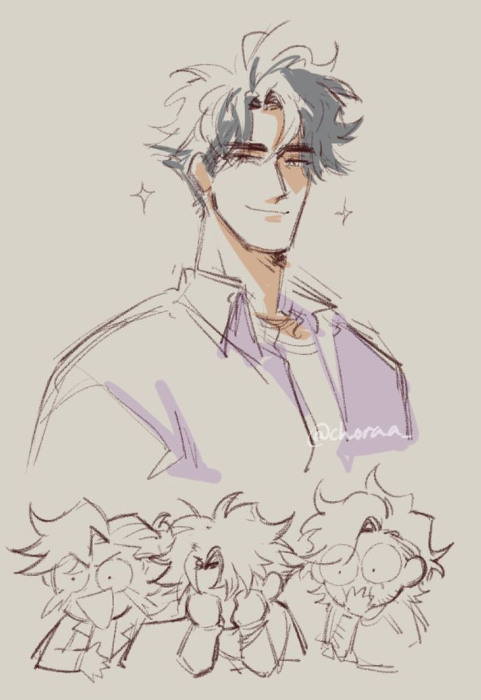 OC Ronan drawn as Jinu. Below him are three chibis: Daniel and Dean are laughing while they are looking off-screen with a mortified Ronan between them, his face in his hands