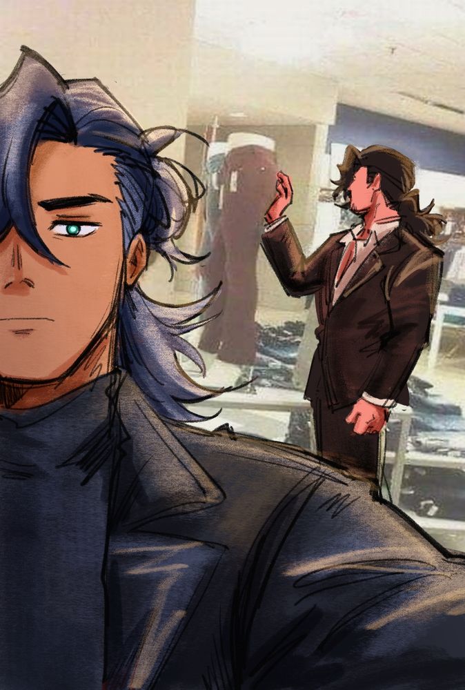 a redraw featuring my OC Daniel looking at the viewer, unamused, taking a selfie featuring @kidwma's OC Jack behind him, who's grabbing at a mannequin's butt.