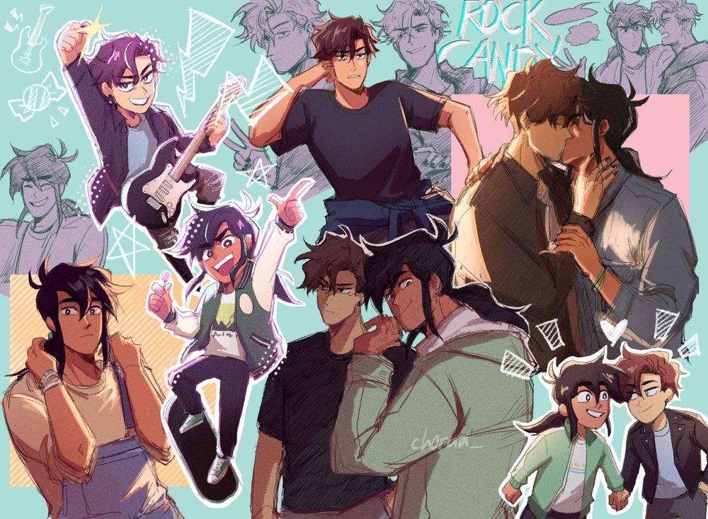a colored sketchpage of two characters in different poses and interactions with each other