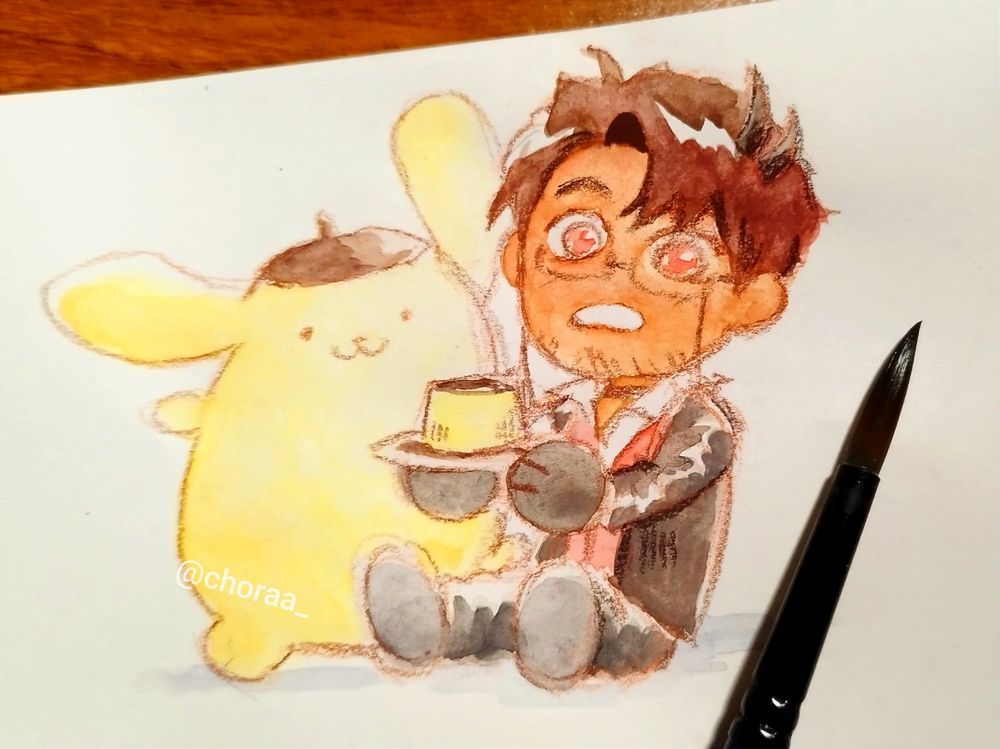 Mika's OC Maxel next to Pompompurin 