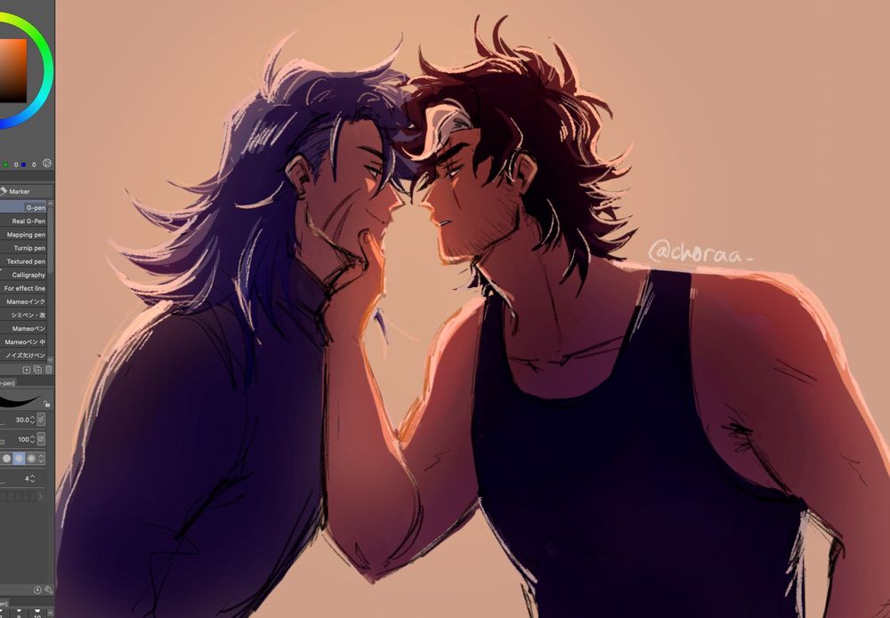 two ocs daniel and dean looking intently at each other. daniel is smiling smugly while dean has a hand lightly gripping his jaw, his eyes somewhat looking down at the other's lips. Warm colors over a light orange backdrop.