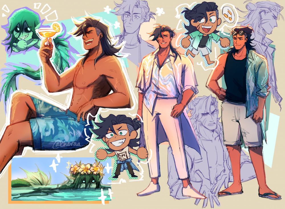A sketch page of Daniel filled with an assortment of fits. 

Top left: A small doodle of Daniel in his siren form grinning mischievously
Left: Daniel holding up a drink while leaning back with his arm propped up. He is wearing blue-patterned shorts, and his hair is also down. 
Bottom left: Siren Daniel peeking slightly above the waters, wearing a flower crown.
Middle and Right: Two different fits. One features him in an all-white, loose formal piece. The other is a different summer wear with a shades propped up on his head. 
Two mini Daniel's show him wearing other summer wear
Smaller bust doodles in the back of him in different hairstyles and expressions.