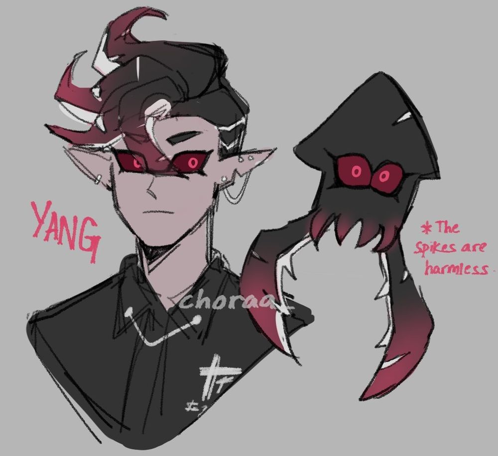Yang when he was just a Splatoon OC, drawn in Splatoon's style. A bust shot of his inkling design with pale skin, black pointy tentacles styled in a faux hawk sort of style with frayed bits, with red tips. Dark red scleras and bright magenta pupils. 
Right: his ink form in similar colors. Text: The spikes are harmless 