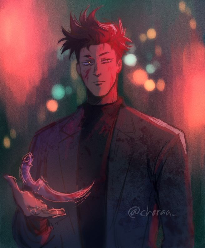 A solo art of OC Yang from the Tether universe looking off to the side with a solemn expression, glowing pupils and blood splattered across his face and suit. In his right hand he levitates a small dagger, also drenched in blood.