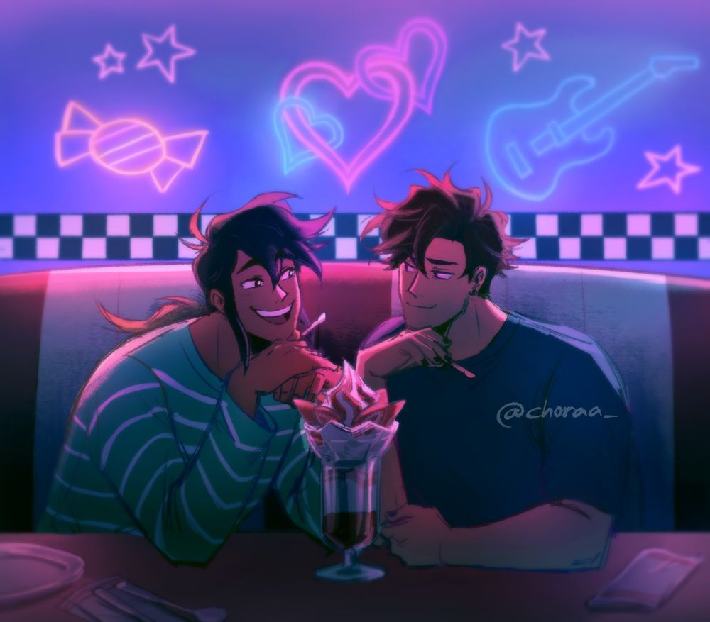 two characters sitting in a diner together sharing a strawberry sundae, looking at each other while smiling