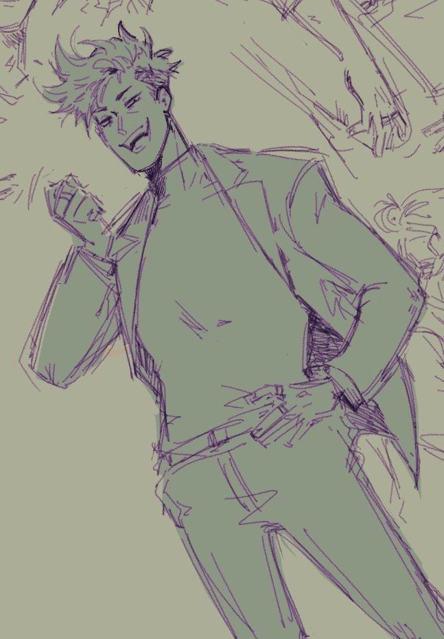 A sketch of Yang smiling down at the viewer, his right hand raised up and the other on his hip. He wears a turtleneck under a blazer with suit pants. He has some rings on his fingers.